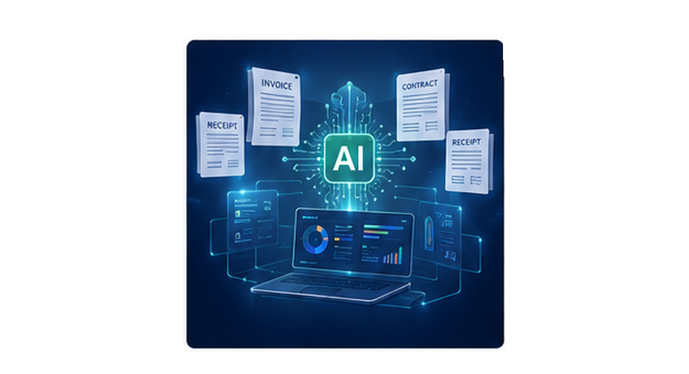 EdocSmart AI document extraction illustration with invoice, receipt and contract documents
