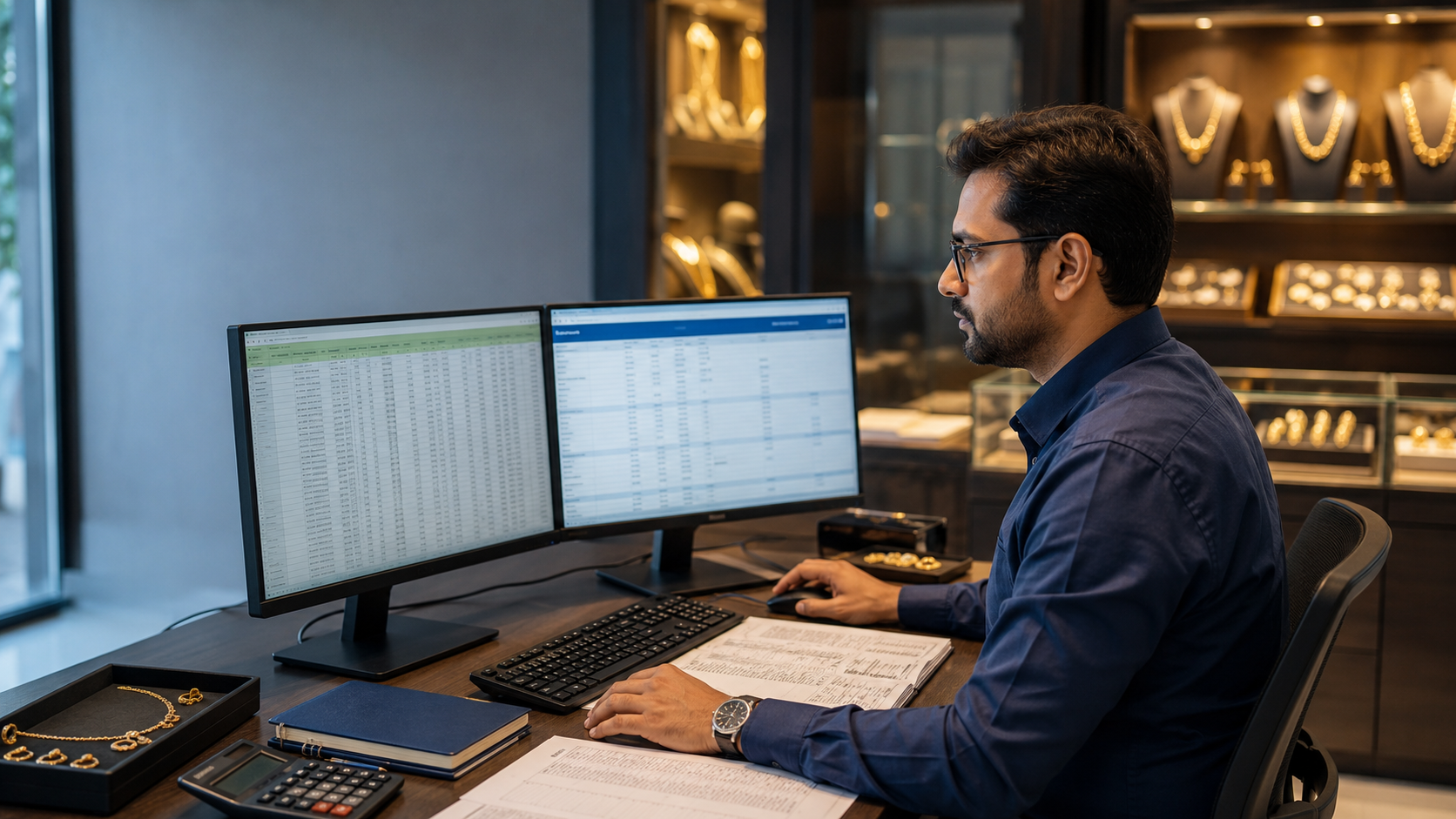 Jewellery business accountant reviewing Excel and ERP data before Tally entry