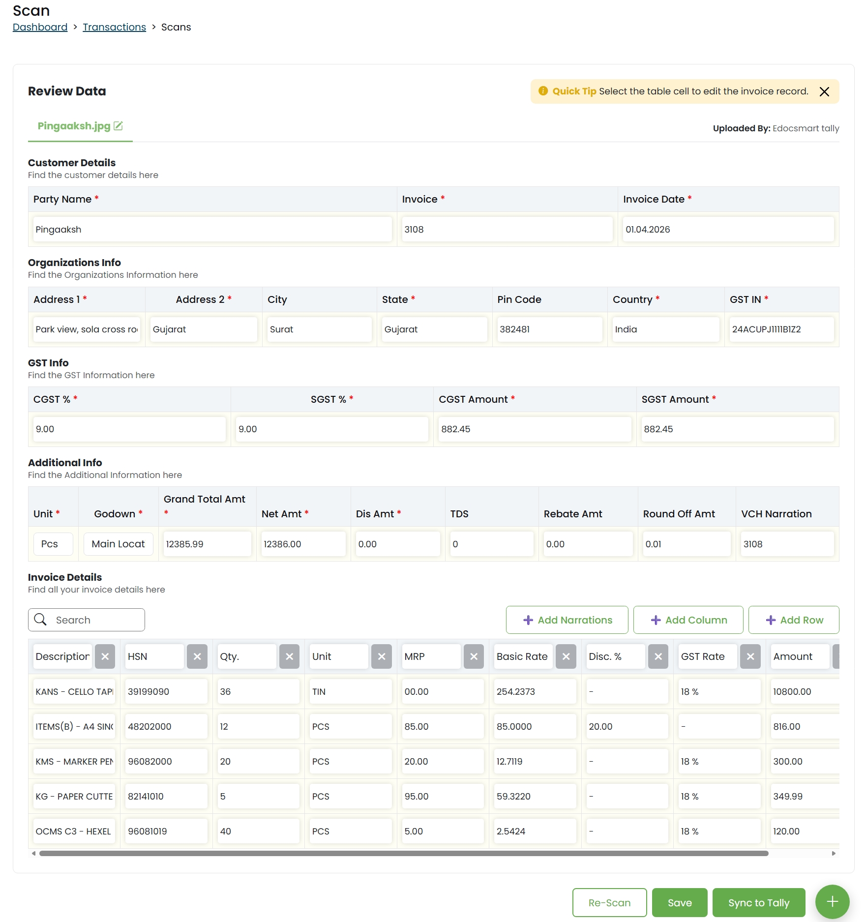 invoice extracted data